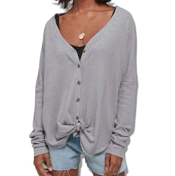 Out From Under - Urban Outfitters Waffle Knit Button Down Long Sleeve Blouse - Picture 1 of 7